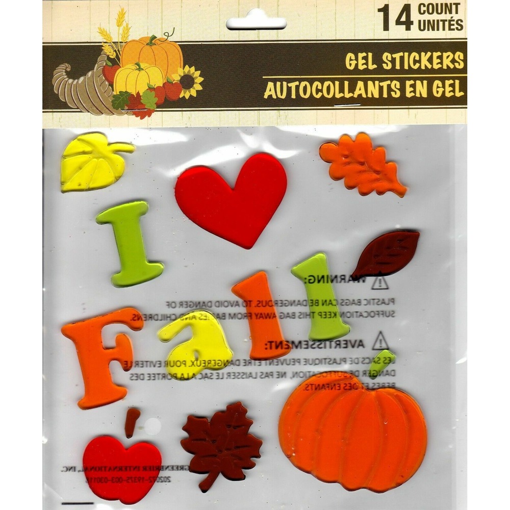 NEW I Love Heart Fall Pumpkin Leaves 14 pc Window Gel Clings Decor Autumn Apple